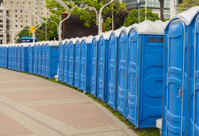 a line of brightly-colored portable restrooms, perfect for outdoor festivals and concerts in Bagdad